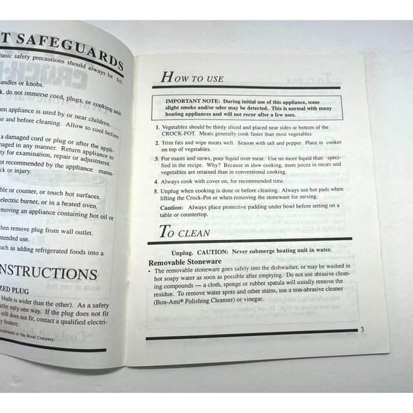 Rival Crock Pot Manual Models 3745 3755 Oval Stoneware Slow Cooker Instructions - Picture 2 of 7